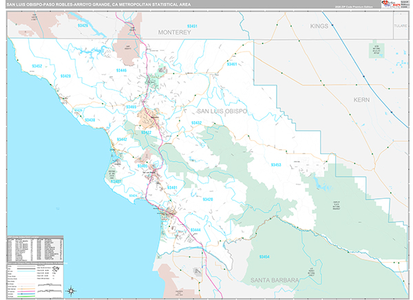 San Luis Obispo-Paso Robles-Arroyo Grande, CA Metro Area Wall Map